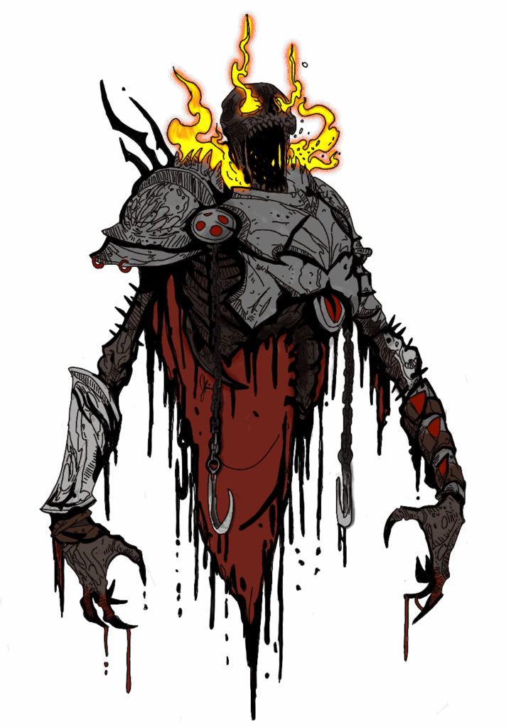 Black silhouette of a heavily armored demonic knight with flames erupting from its head and back.