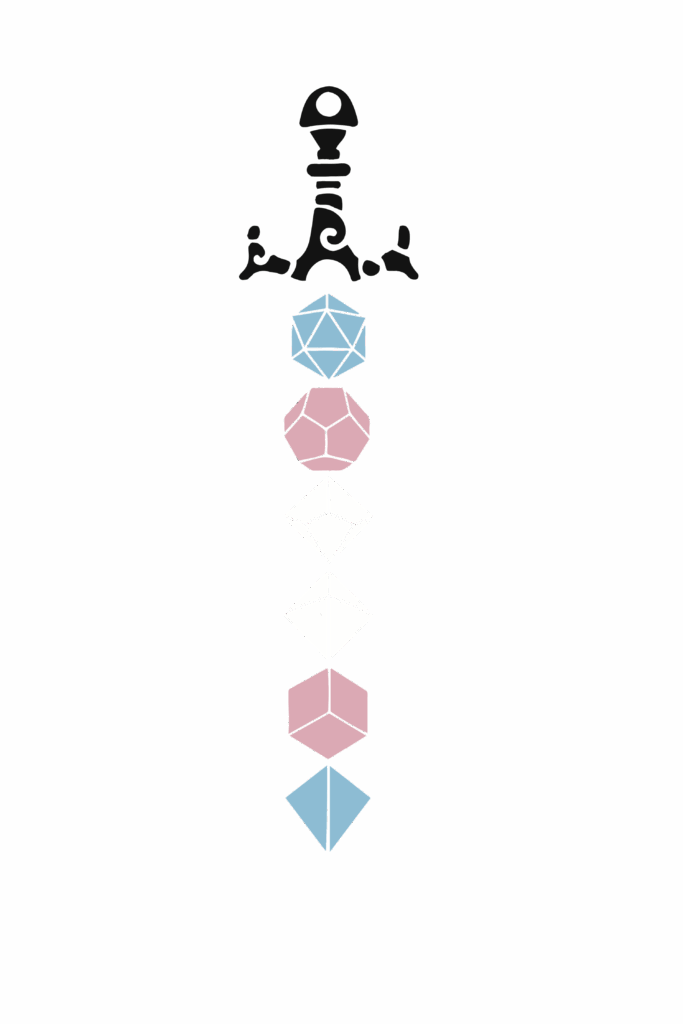 Illustration of a stylized black sword with a vertical arrangement of Dungeons & Dragons dice forming the blade. The dice are colored in the pattern of the transgender pride flag: blue, pink, and white. From top to bottom, the blade includes a d20, d12, two d10s, d8, d6, and d4. The design combines tabletop gaming symbolism with trans pride.