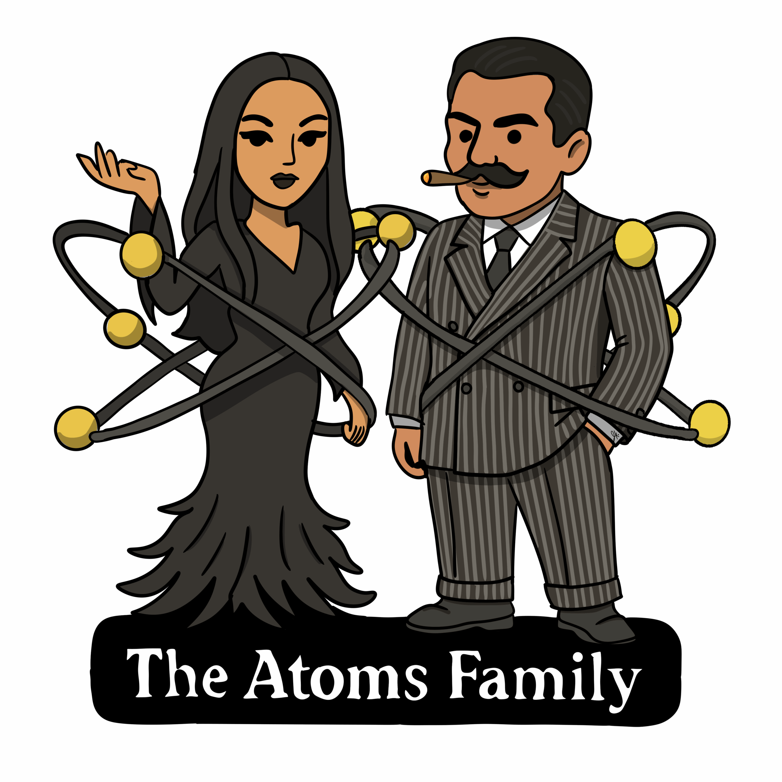 Cartoon-style illustration of Morticia and Gomez Addams from The Addams Family. Morticia wears a long black gothic dress with flared ends and has long black hair and dark makeup. Gomez wears a gray pinstripe suit with a white shirt and tie, and has a cigar in his mouth and a mustache. Both characters are surrounded by orbiting black rings with yellow spheres, resembling atomic or planetary models, symbolizing a scientific or cosmic theme. The overall style is clean and stylized with a humorous, spooky vibe.