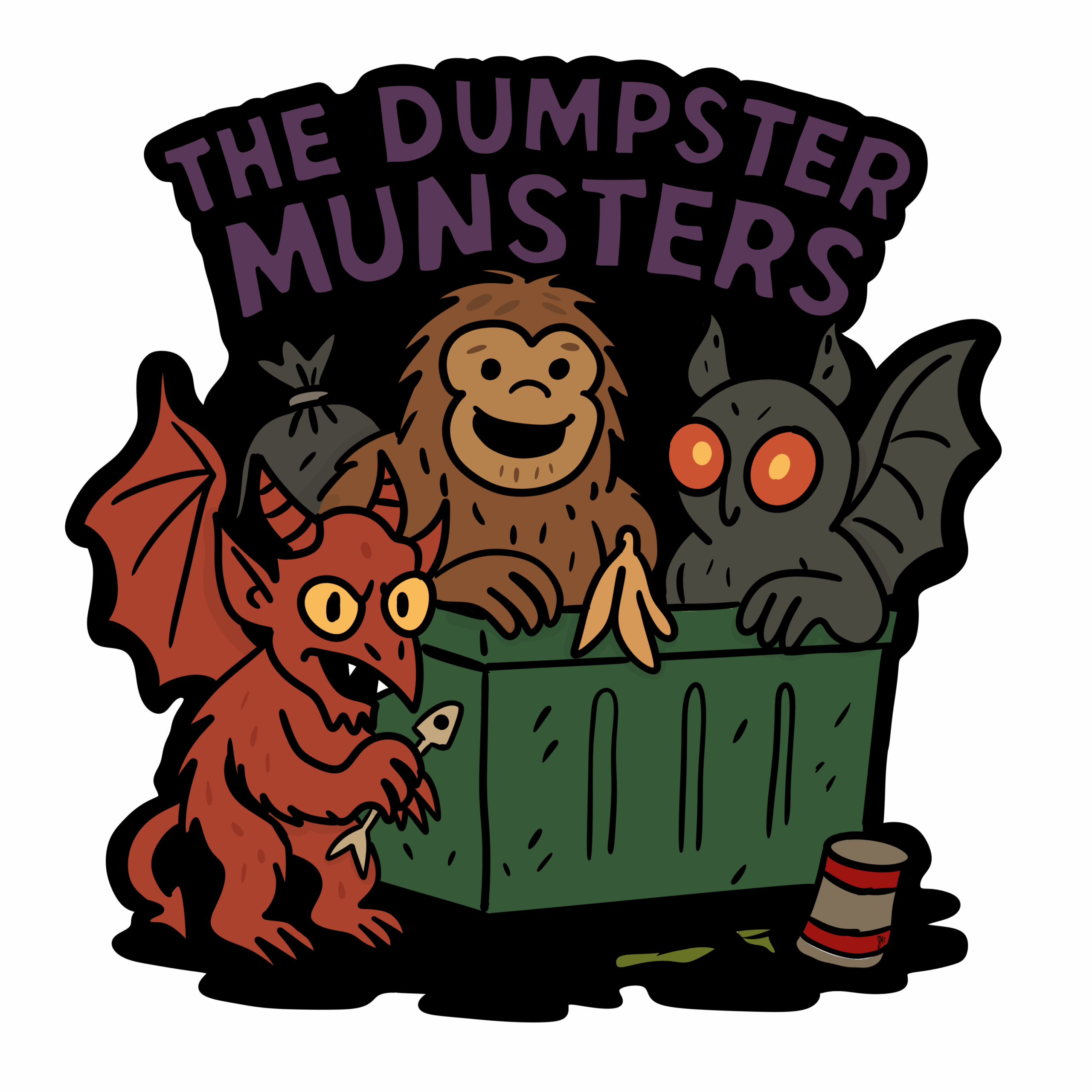 Cartoon-style illustration of three cute monster characters hanging out around a green dumpster. A red devil with wings and horns crouches in front holding a fish skeleton. A smiling Bigfoot-like creature stands inside the dumpster holding a banana peel. Next to them, a wide-eyed bat creature with large orange eyes and pointed ears also peers from the dumpster. The text above reads “THE DUMPSTER MUNSTERS” in bold purple letters. A knocked-over trash can and food scraps are on the ground nearby. The design is playful, spooky, and humorous.