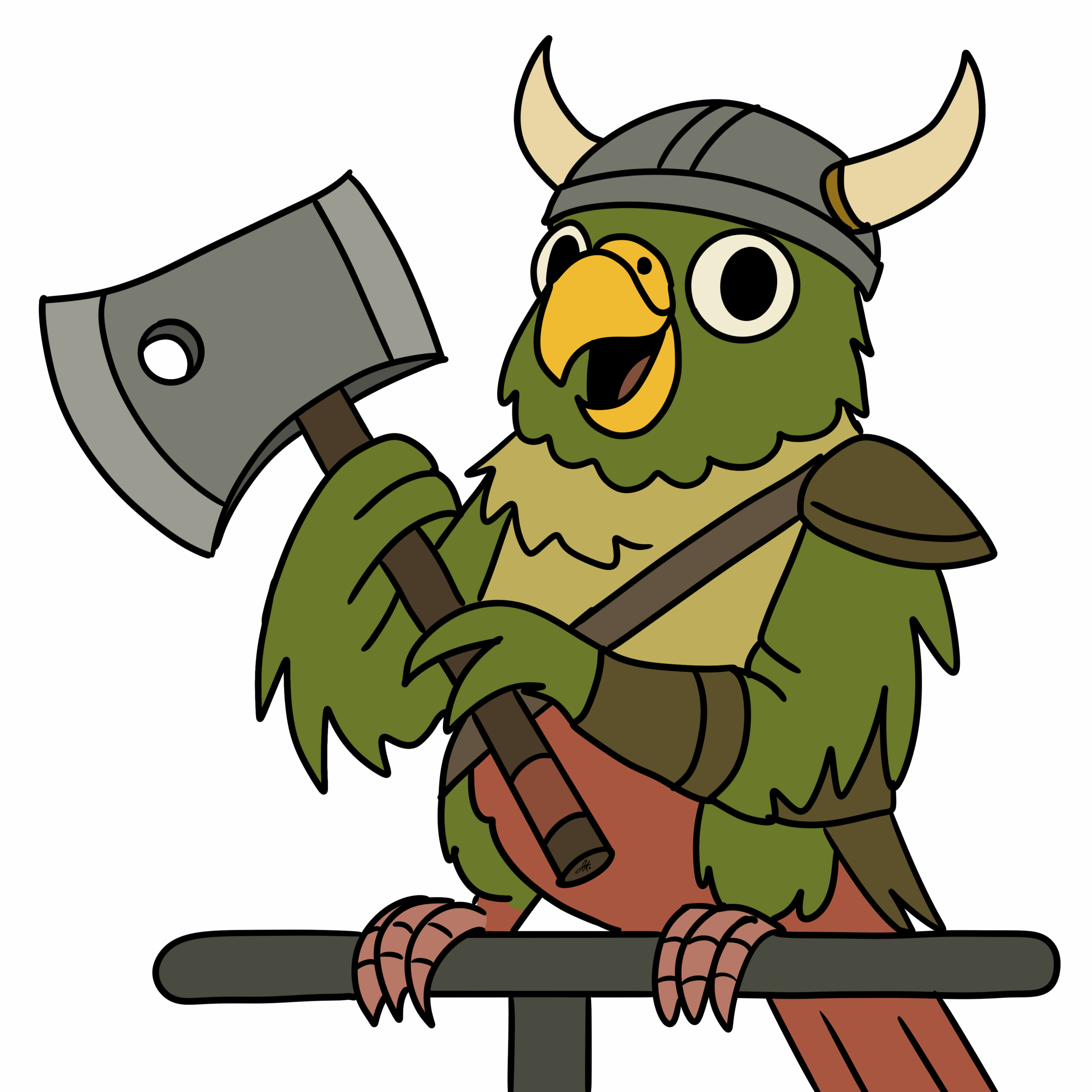 Cartoon illustration of a green parrot dressed as a Viking warrior. The parrot wears a gray horned helmet, brown leather shoulder armor, and holds a large double-bladed axe with both wings. It stands confidently on a perch with one foot raised. The parrot has a cheerful, expressive face with a wide beak open in mid-squawk. The overall style is playful and adventurous, blending fantasy and humor.