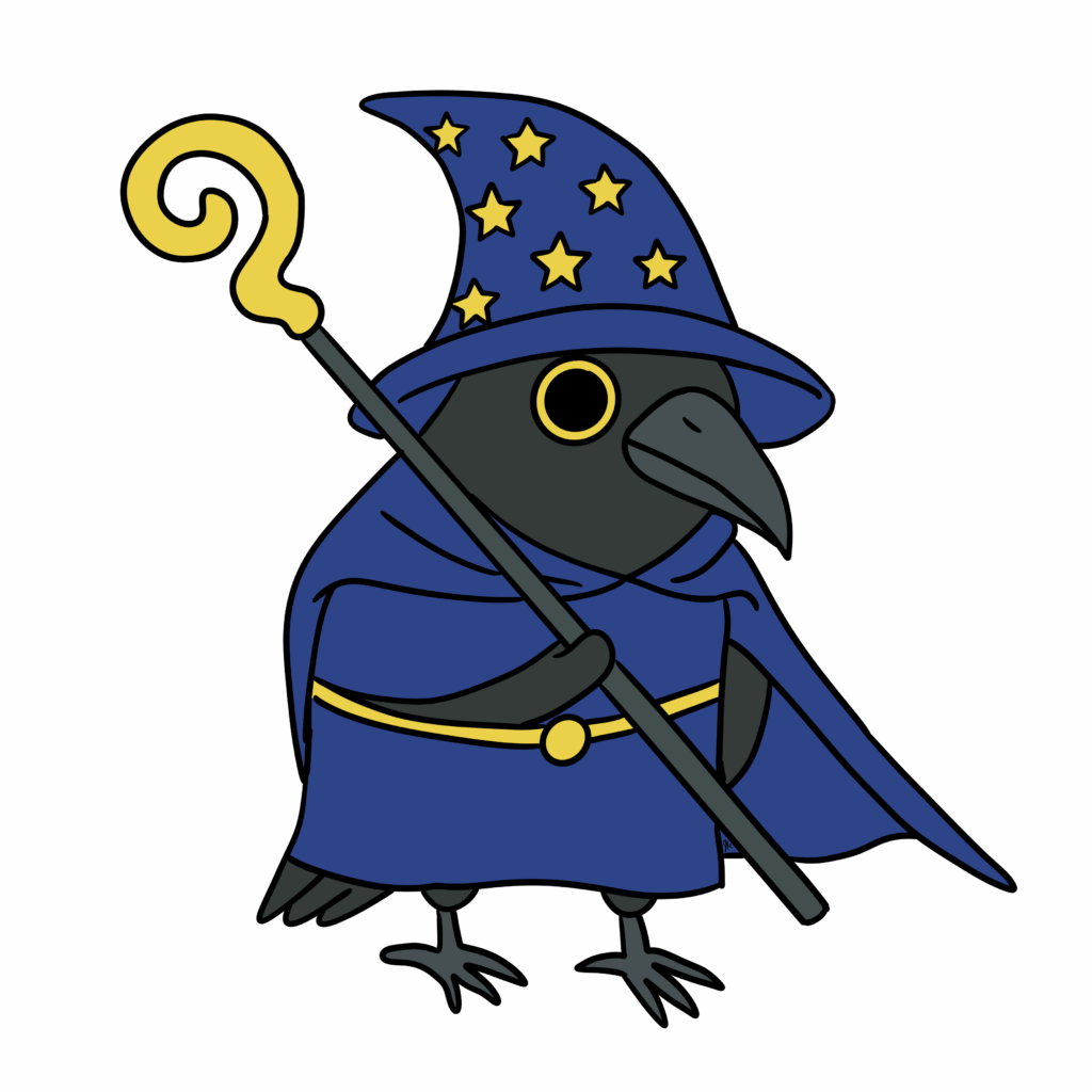 A cartoon-style black bird dressed as a wizard. It wears a blue cloak and a matching pointed hat decorated with yellow stars. The bird holds a tall staff with a yellow curly top, standing confidently as if ready to cast a spell.