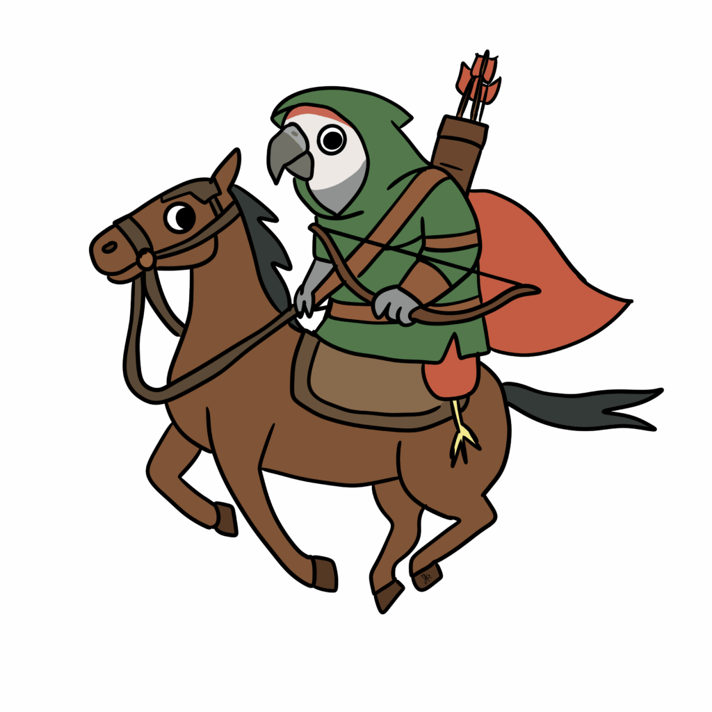 A cartoon parrot dressed as a medieval archer riding a galloping brown horse. The parrot wears a green hooded cloak, has a quiver of arrows on its back, and carries a bow. Its red tail feathers peek out beneath the cloak, and a red cape flows behind it.