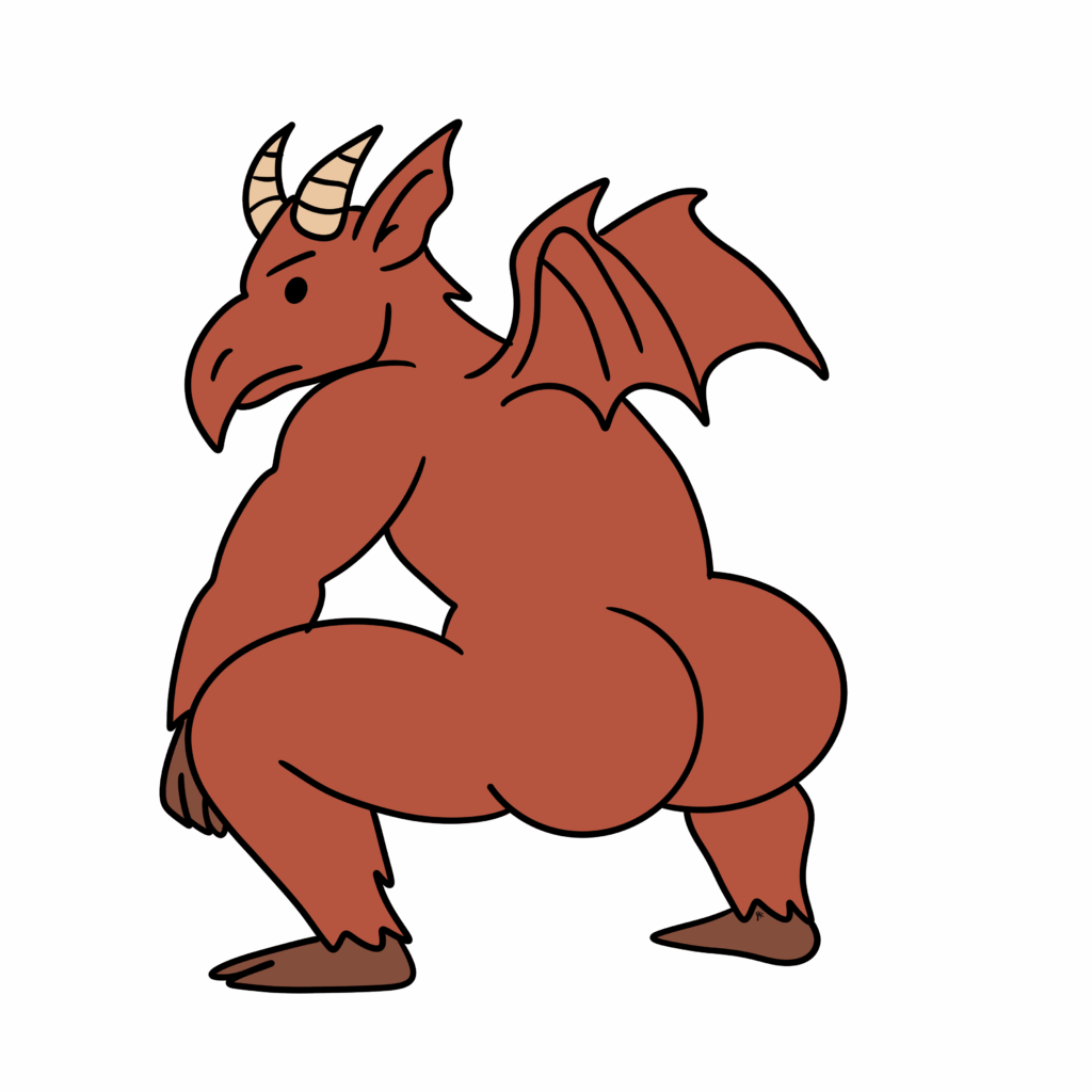 A cartoon-style depiction of the Jersey Devil as a muscular red cryptid in a squatting pose. It has small curved horns, bat wings, clawed feet, and a long tail. The figure is exaggerated with a prominent rear and a comically serious expression, blending mythological horror with playful humor.