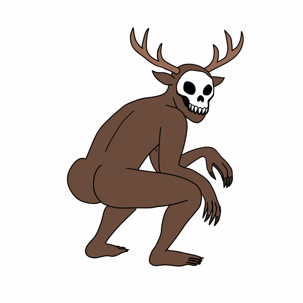A cartoon-style depiction of the Wendigo as a crouching, muscular creature with brown skin, long clawed fingers and toes, and a skull-like white face with sharp teeth. Large antlers extend from its head, and it has pointed ears and a hunched posture. The overall design evokes a creepy, forest-dwelling cryptid rooted in folklore.