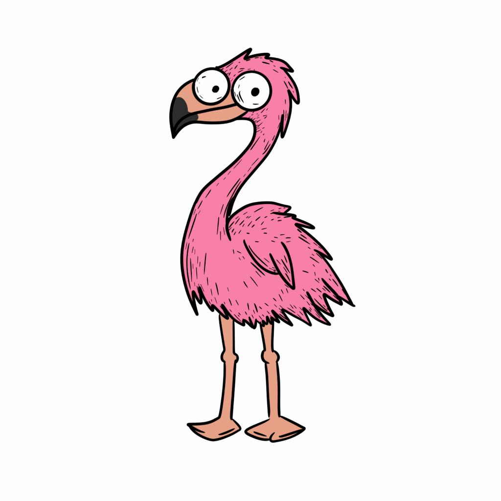 A cartoon-style pink flamingo standing upright with a fluffy body, long legs, and a curved neck. Its large, wide eyes give it a comically surprised or confused expression. The style is playful and slightly chaotic.