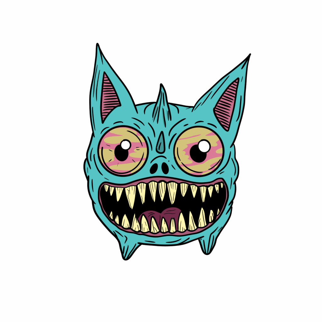A wild, cartoonish blue creature's head with exaggerated features including huge, bloodshot eyes, sharp yellow fangs, a wide open mouth, and large pointy ears. The style is chaotic and surreal, giving off a humorous yet unsettling vibe.
