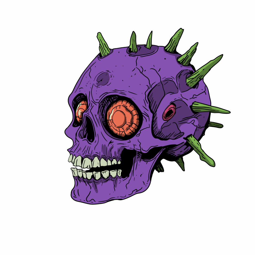 A stylized, sinister purple skull with glowing red-orange eyes and green spikes protruding from the head and jaw. The exaggerated cartoon design combines horror and sci-fi elements for a striking and edgy appearance.