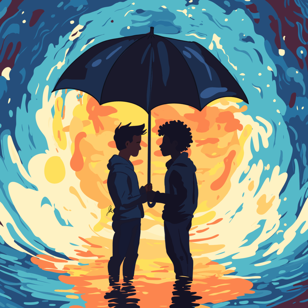 Two young men stand close together under a black umbrella, silhouetted against a vivid, swirling background of blue, yellow, and orange. They are knee-deep in water, gazing into each other’s eyes while holding hands, evoking warmth, intimacy, and love amid chaos.