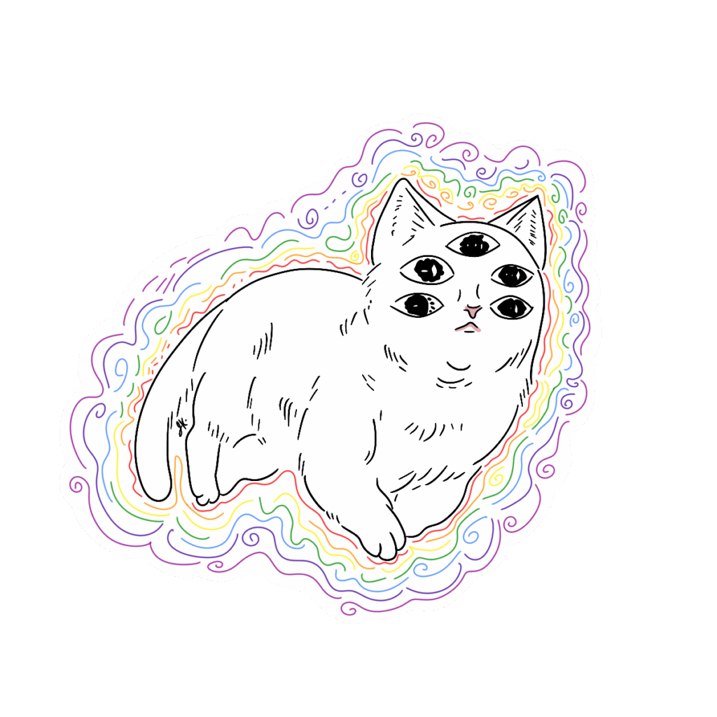 Surreal illustration of a white cat with five eyes and a small mouth, surrounded by a swirling, psychedelic rainbow aura on a black background.