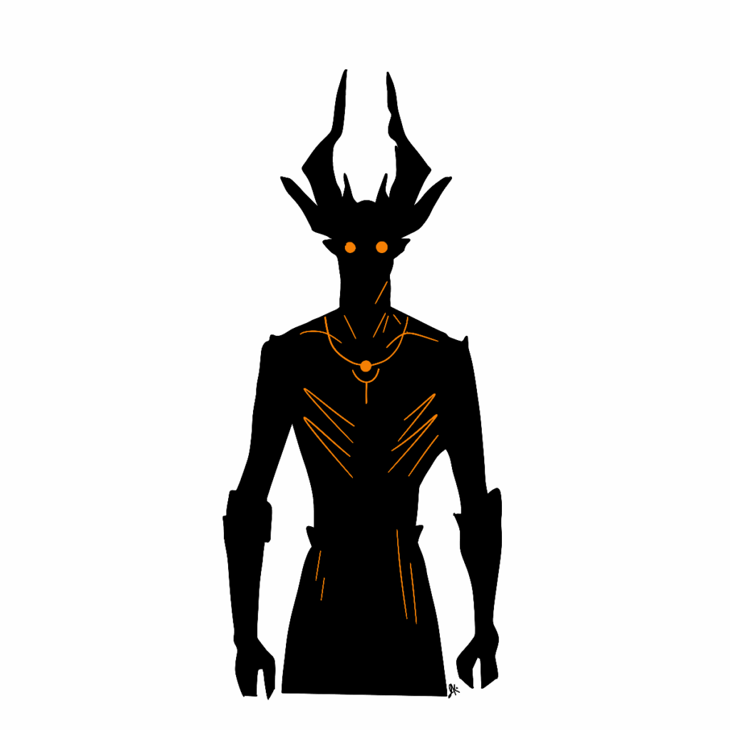 Stylized demon with glowing orange eyes and sharp orange linework outlining its face, fangs, claws, and body, sitting in a symmetrical pose