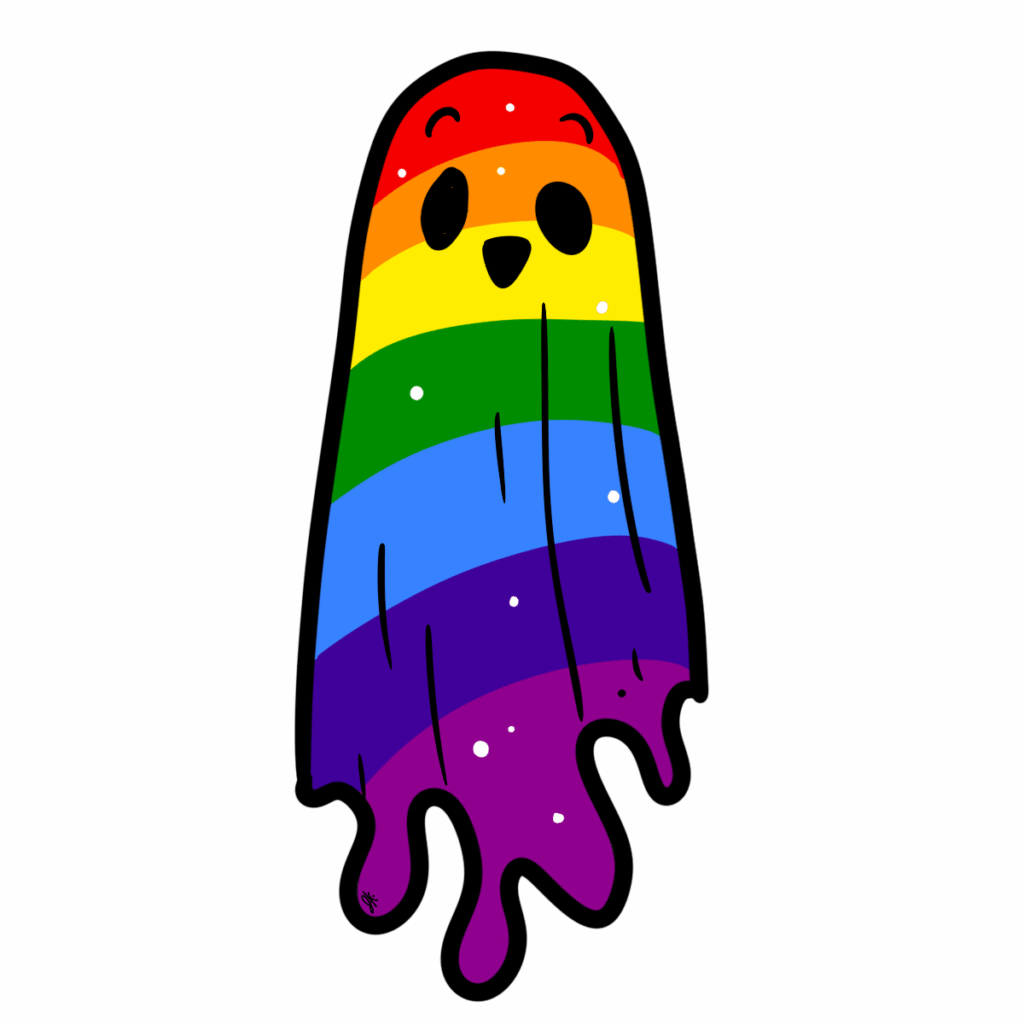 Adorable ghost character with a happy face, illustrated in dripping rainbow stripes from red to purple, with white sparkles scattered across its body,