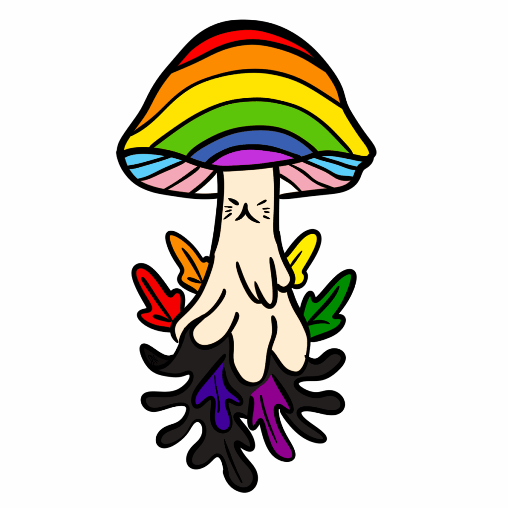 Whimsical mushroom with a rainbow-striped cap and a