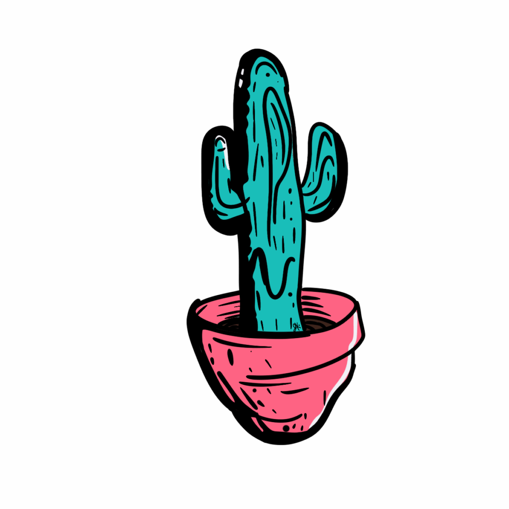 Playful cartoon cactus with expressive arms and a small white face, growing from a pink flower pot with sketch-like texture, all set against a solid black background.







Ask ChatGPT
