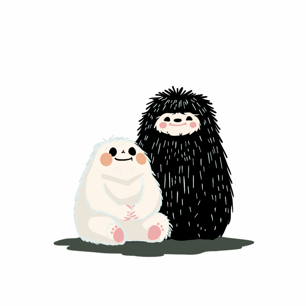 Cute cartoon-style illustration of a fluffy white creature with pink cheeks sitting beside a tall, shadowy black creature with a matching smiling face and vertical white lines suggesting fur or rain.