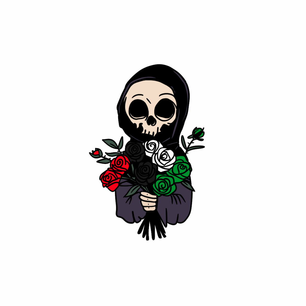 Cartoon-style grim reaper holding a bouquet of roses in the colors of the Palestinian flag: red, black, white, and green. The figure wears a dark hooded cloak with a skull face, set against a black background.