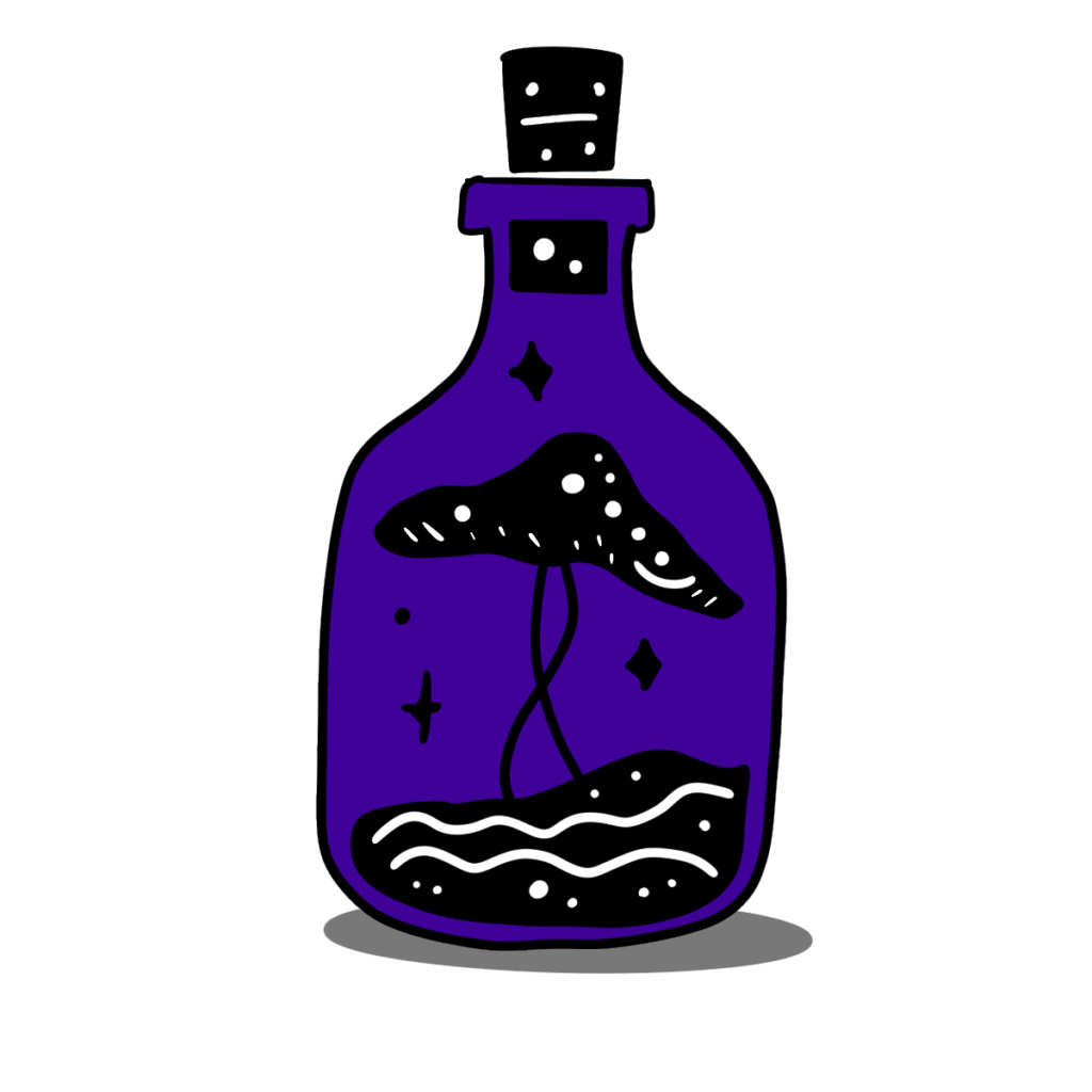 Stylized illustration of a glowing purple bottle containing a mystical mushroom with spotted cap, wavy lines, and floating stars, all set against a black background.