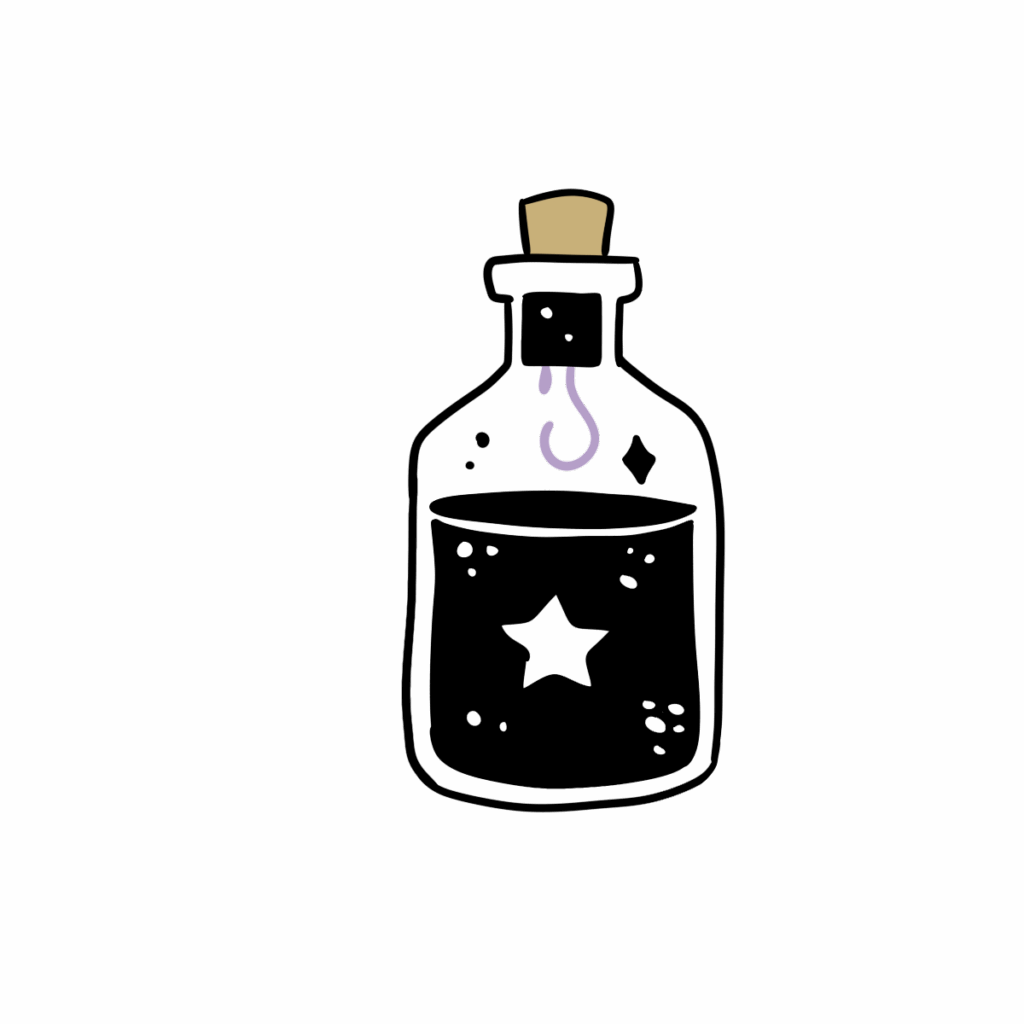 Minimalist cartoon of a ghostly black cat with a small beige hat and a dangling purple earring, floating on a solid black background.