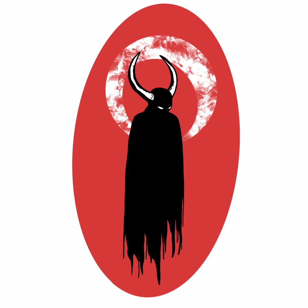 Dark horned figure with glowing eyes and a tattered cloak, silhouetted against a red oval background with a textured white circular halo behind its head.