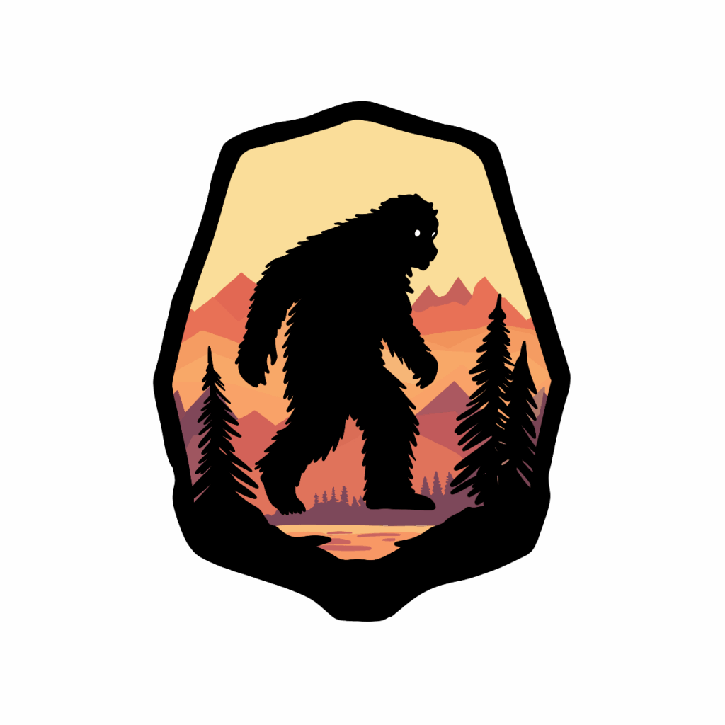 Silhouette of Bigfoot walking near a lake surrounded by pine trees, with a stylized sunset mountain landscape in shades of orange, red, and yellow.