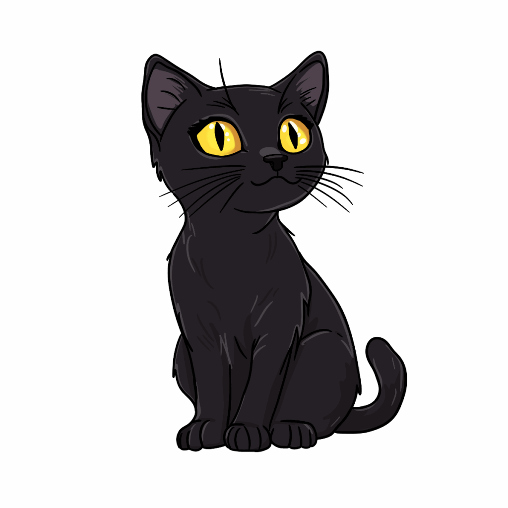 Cartoon-style black cat with bright yellow eyes sitting upright and looking slightly upward, against a solid black background.