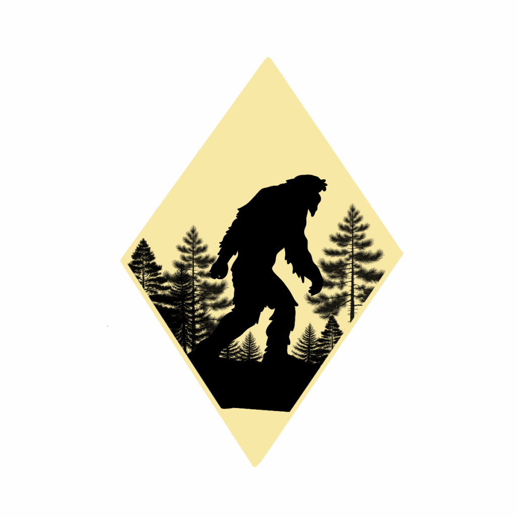 Silhouette of Bigfoot walking through a pine forest, framed within a diamond-shaped beige background on black.
