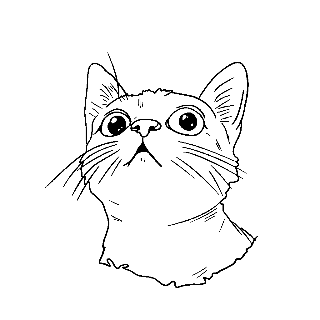 Black line art of a cat's head with wide, uneven eyes and a small upside-down triangle nose. The cat has upright, pointed ears and a derpy, off-kilter expression. The drawing is simple and cartoonish, with no body or extra elements, just the floating cat head