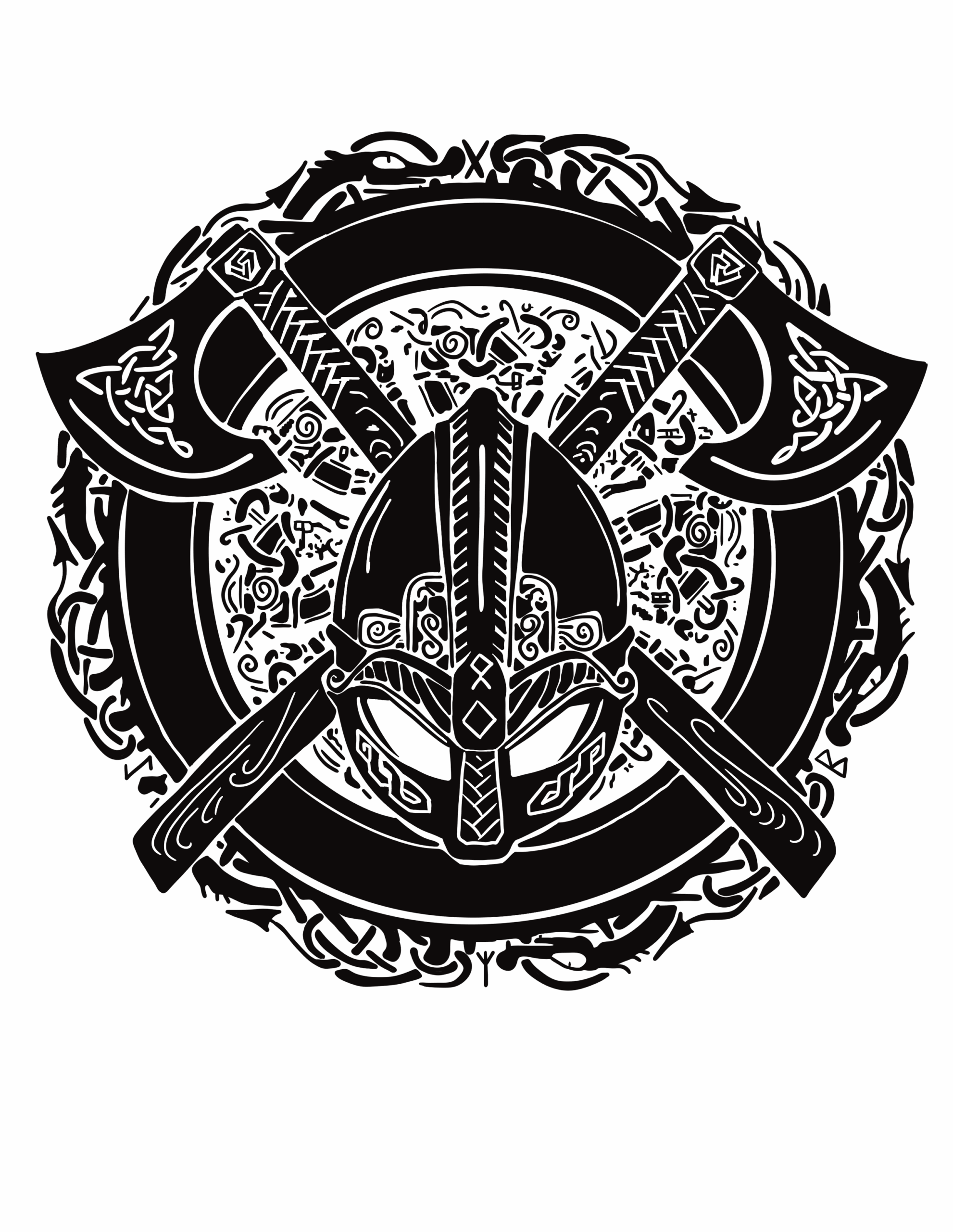 Intricate black line illustration featuring a Viking helmet at the center, flanked by two crossed double-headed axes. The helmet is decorated with Norse-inspired engravings and geometric patterns. Behind the helmet and axes is a circular knotwork shield, surrounded by detailed ornamental Nordic designs and runic motifs. The entire composition is symmetrical and highly detailed, evoking a bold and traditional Viking warrior aesthetic.