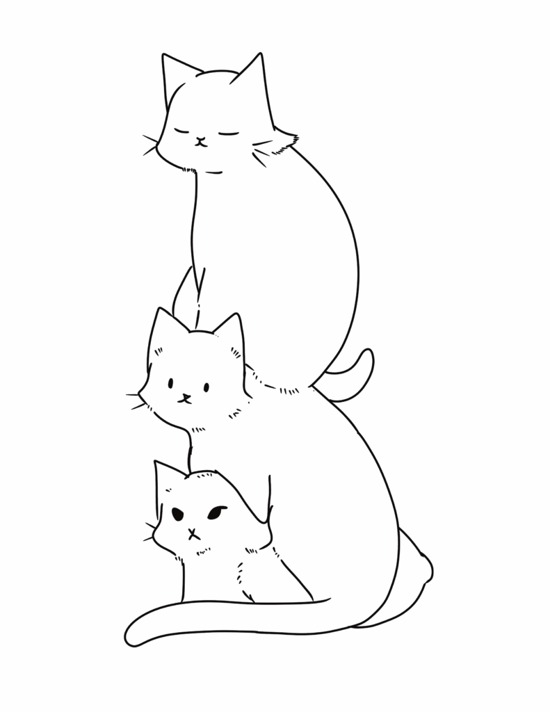 Outline-only version of a stack of three cartoon-style cats, arranged vertically. The top cat has a relaxed expression, the middle cat looks neutral, and the bottom cat appears grumpy. The illustration features clean black lines on a transparent background with no fill colors.