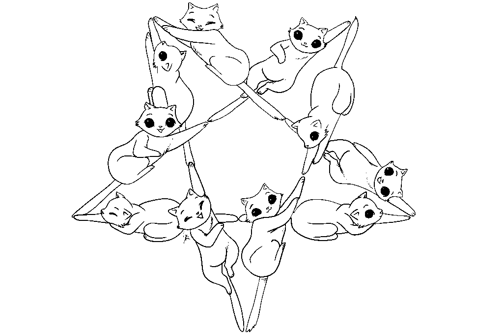 Line art of a playful cat pentagram formed by five cartoon-style cats positioned in a circular star shape, each with their body forming part of the five points. The cats have simple, expressive faces and are outlined in black on a transparent background.