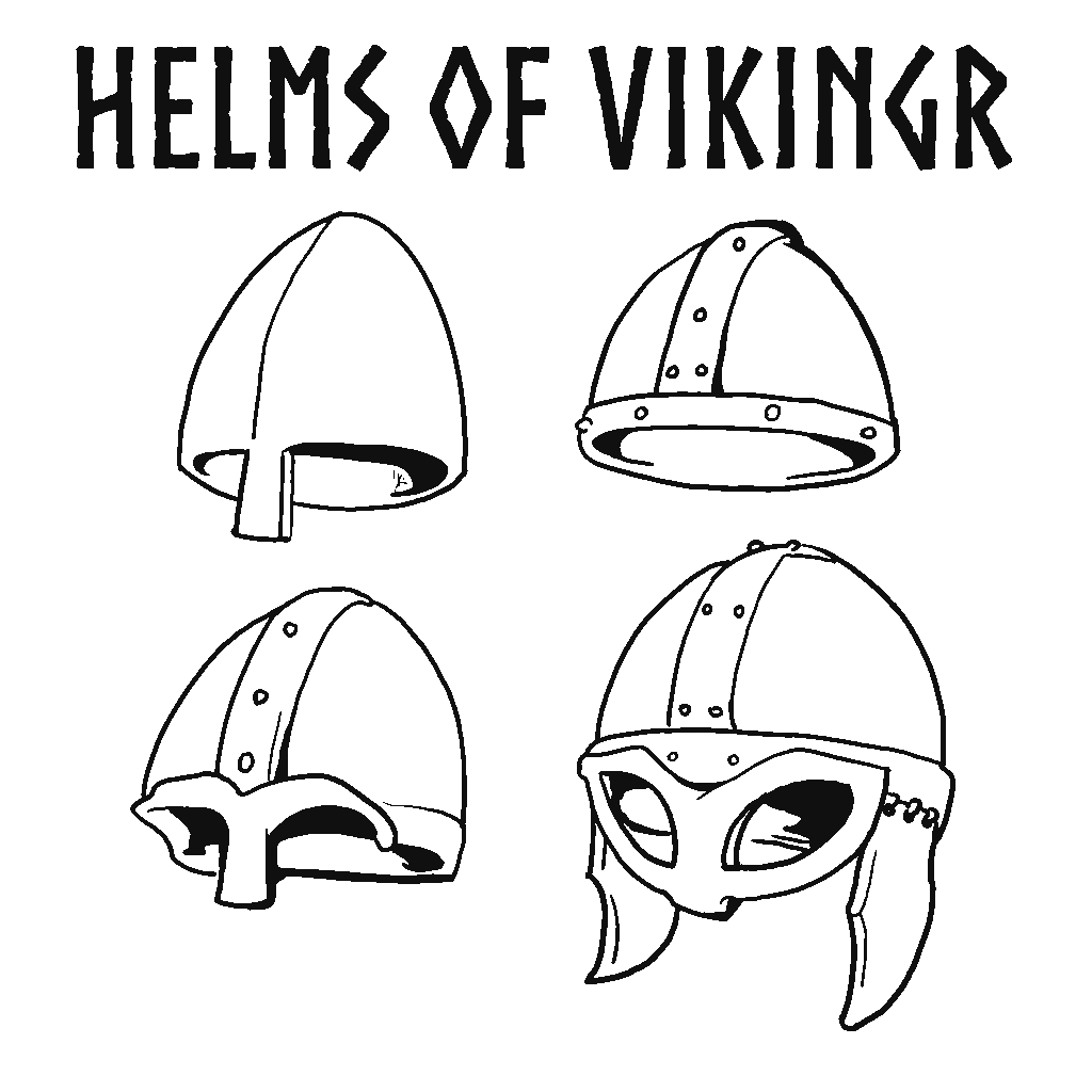Illustration titled "Helms of Vikingr" showing four historically inspired Viking helmets. Each helmet has a distinct design, ranging from simple conical shapes to more complex styles with nasal guards and face protection. The drawing is minimal
