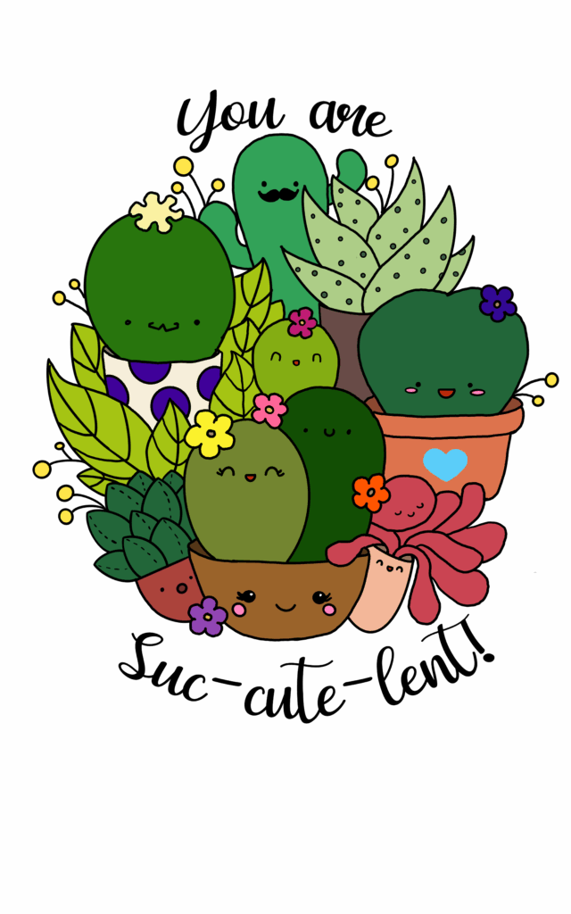 A cheerful cluster of cartoon-style succulents, each with cute smiling faces and pastel flowers, arranged in colorful pots. One cactus has a mustache, another sports a heart on its pot, and all are surrounded by bright leaves and yellow dots, radiating joy and whimsy.