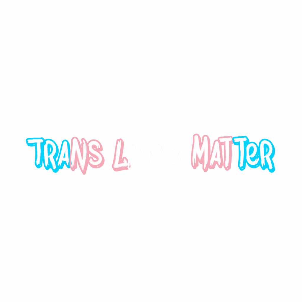 Bold hand-drawn text reading “TRANS LIVES MATTER” in a playful, sketchy font. The word “TRANS” is in alternating blue and pink colors, “LIVES” is in white, and “MATTER” alternates between pink and blue, reflecting the colors of the transgender pride flag. The text is centered on a black background, creating a strong contrast that highlights the message of support and visibility for the transgender community.