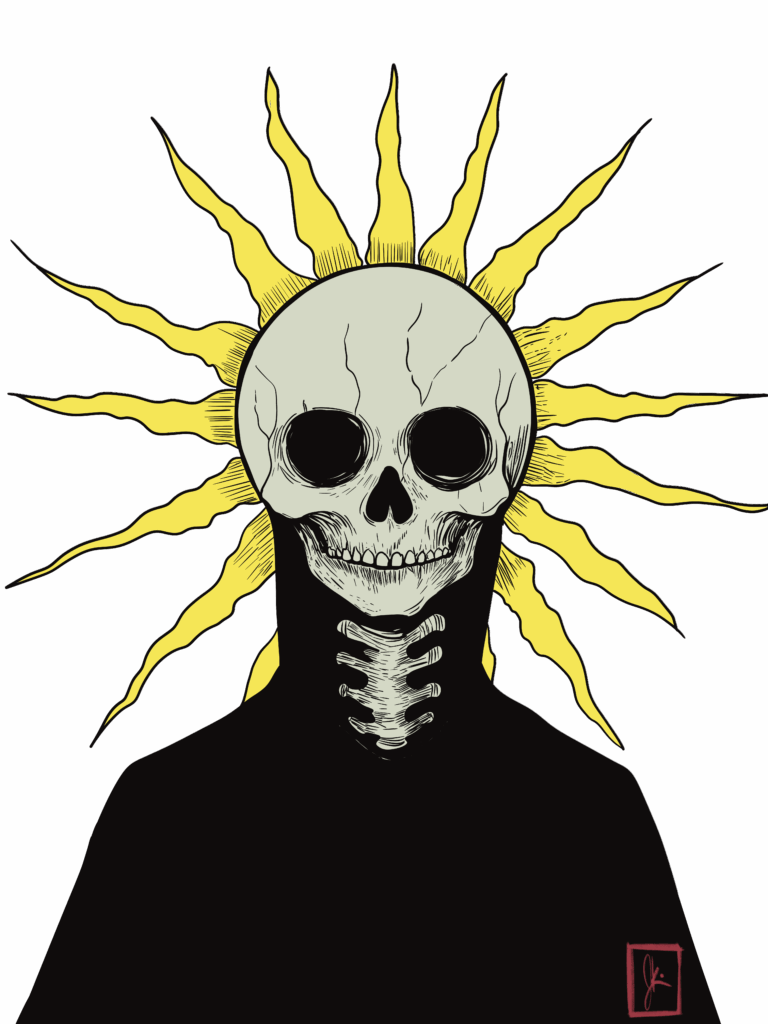A sinister skeletal figure with a cracked skull grins from the shadows, its spine merging into a dark cloak. Behind it, jagged yellow rays form a fiery halo, casting an eerie glow that pierces the black background.