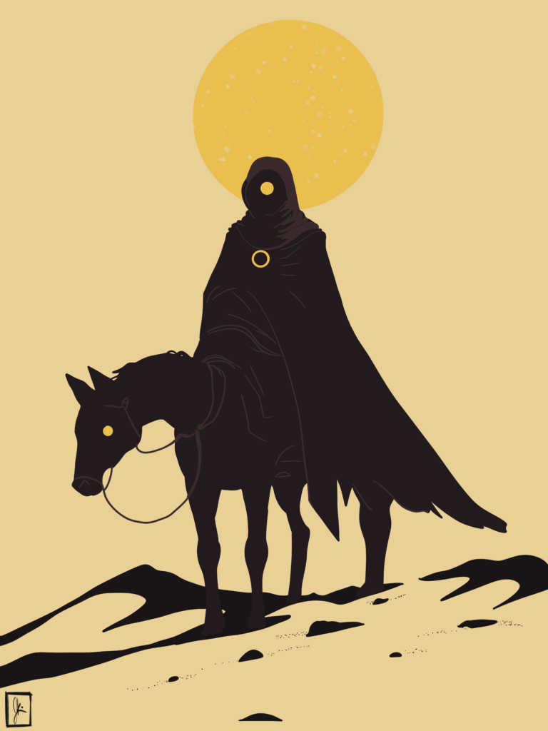 A dark, robed figure with glowing eyes and a golden pendant rides a shadowy horse across a desolate desert. A large, glowing yellow sun looms directly behind their head like a halo, casting long shadows across the sand dunes.