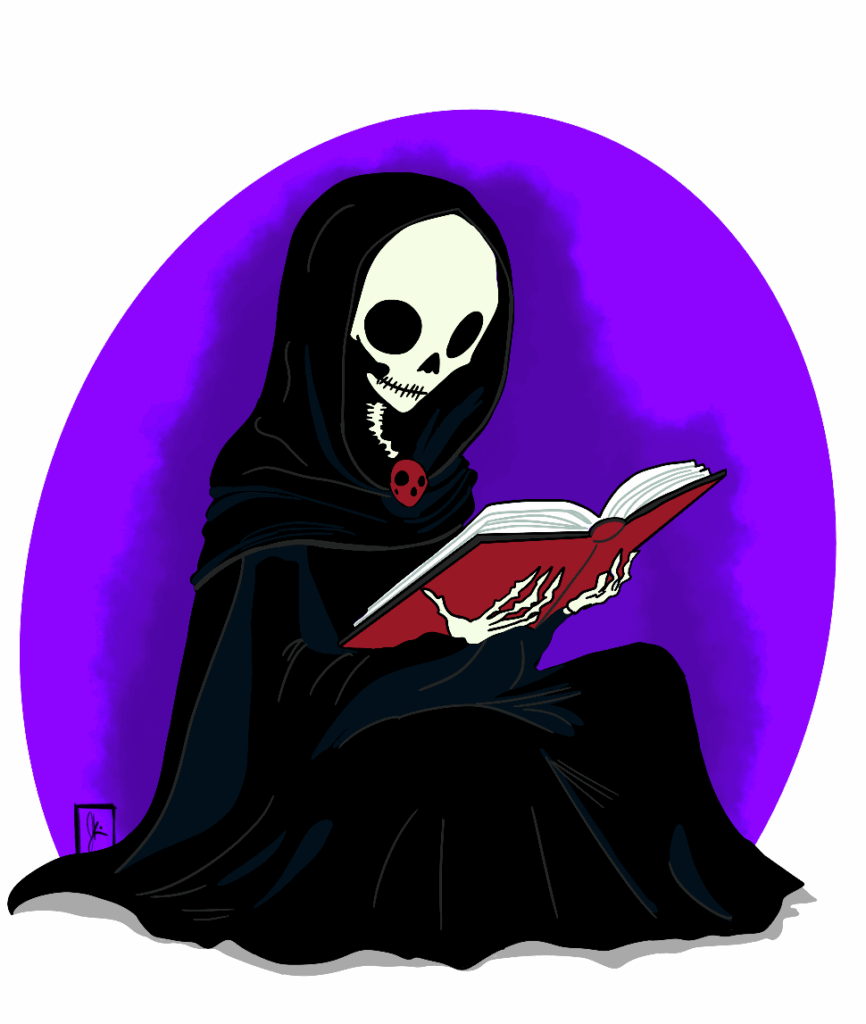A cheerful skeleton cloaked in a dark hooded robe sits reading an open red book, framed by a glowing purple circle. A skull-shaped brooch fastens the robe at the neck, and the skeleton’s expression suggests curiosity and delight.