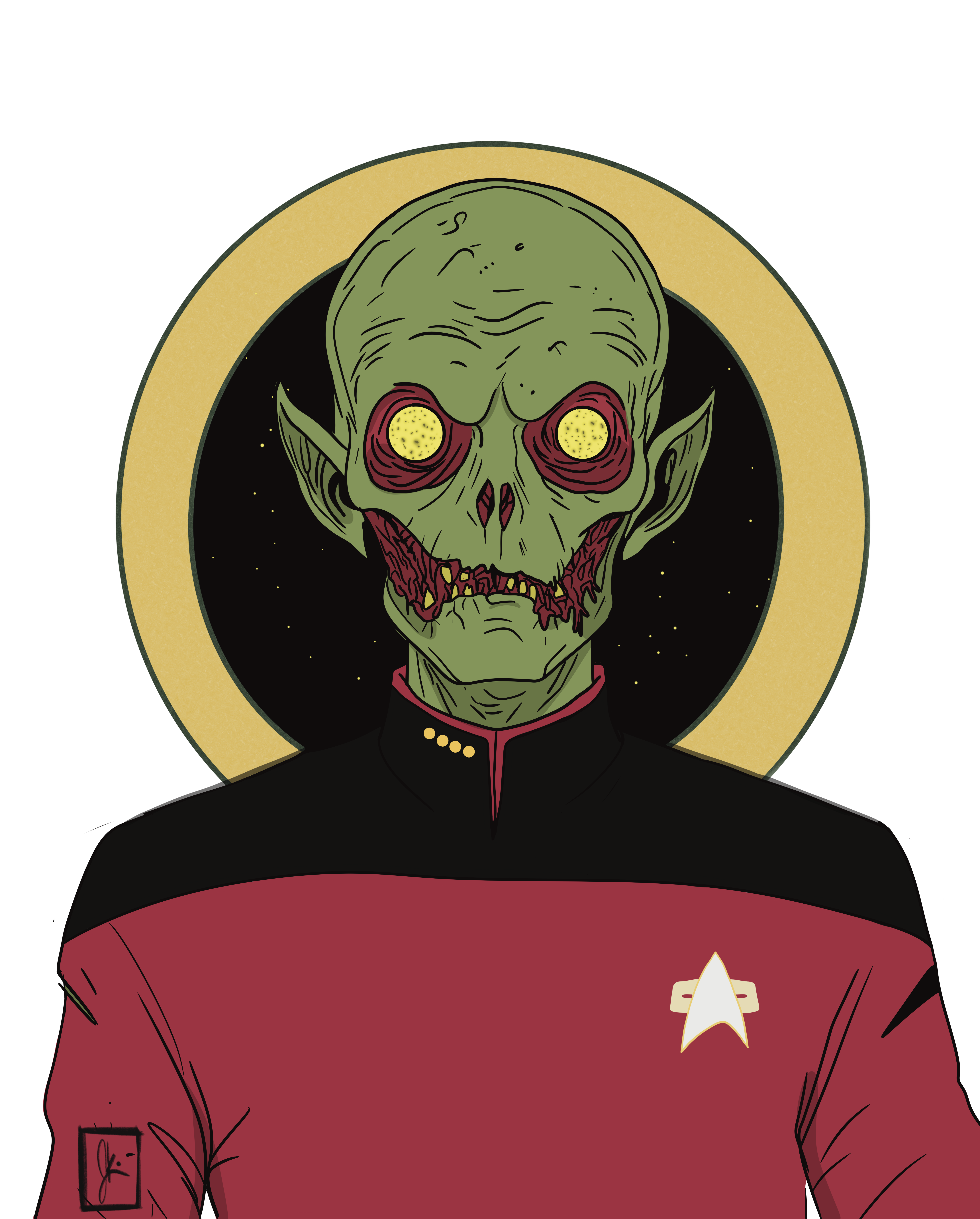 A zombie-like alien with green skin, glowing yellow eyes, and a torn mouth wears a red Starfleet uniform from Star Trek: The Next Generation, standing in front of a golden halo against a starry black background.