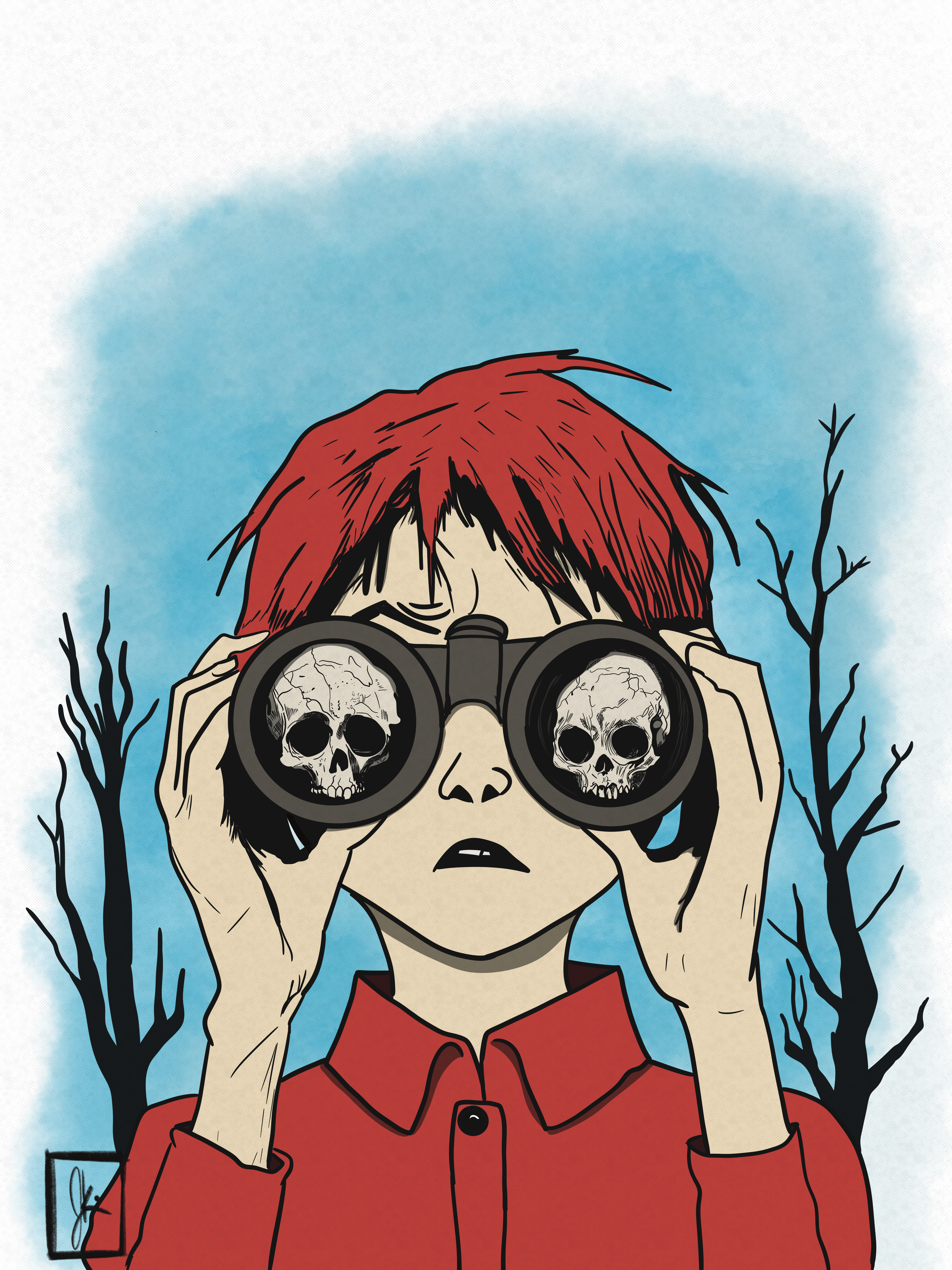 A wide-eyed child with red hair and a red shirt peers through binoculars, revealing skulls reflected in each lens. Behind them, a surreal blue background with silhouetted trees adds an eerie, dreamlike atmosphere.