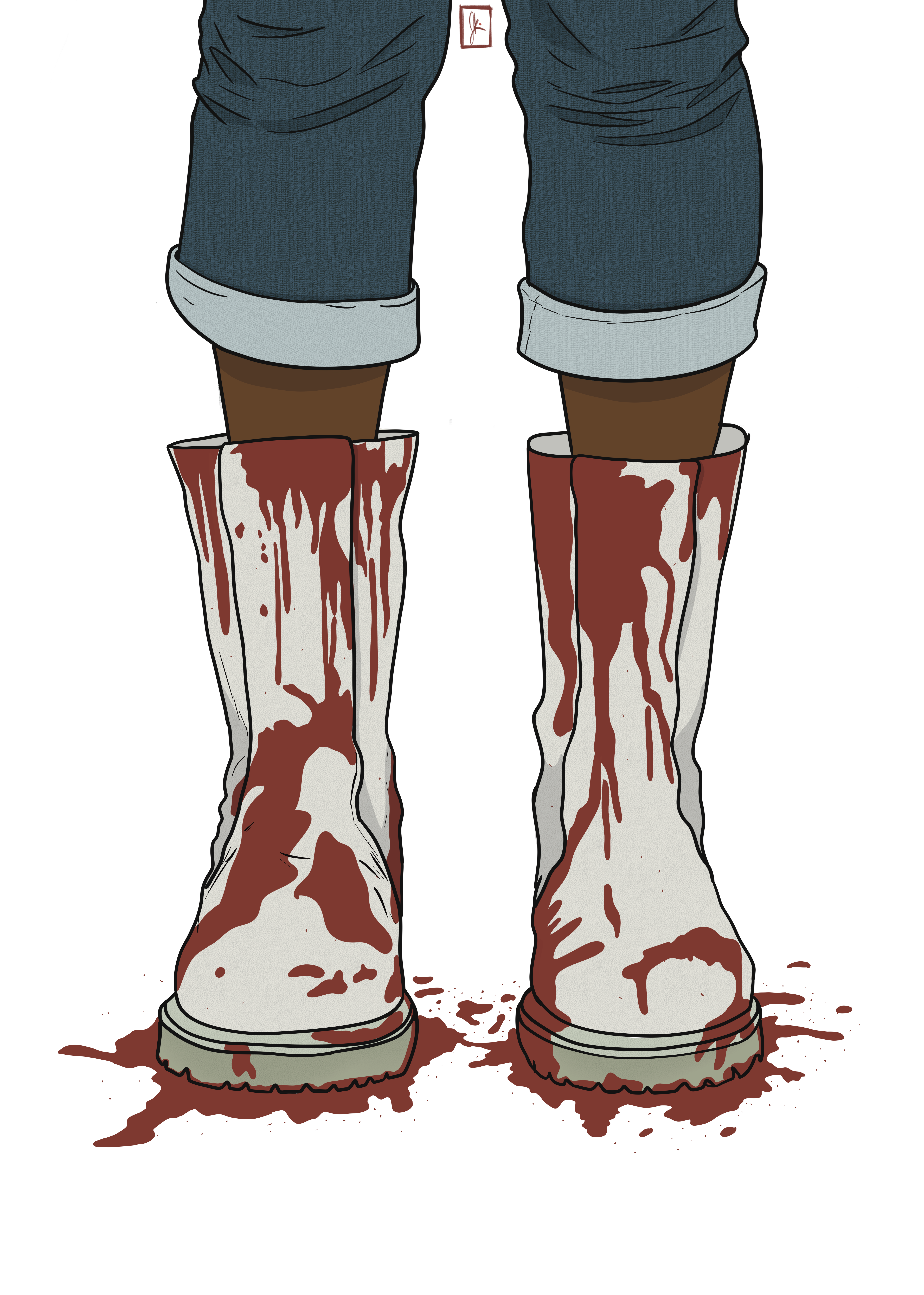 A person with dark skin stands facing away, wearing rolled-up jeans and tall white boots drenched in dripping blood, with red stains pooling around their feet on the floor. The stark black background emphasizes the intensity of the scene